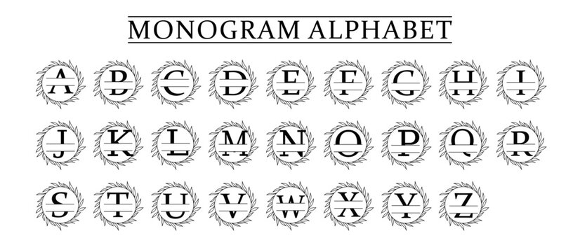family Monogram letter A-Z, Set of Split alphabet for monogram. Monogram alphabet. Vector illustration for wedding invitation. Set of initial with decorative plant frame and text space 
