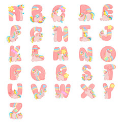 Fototapeta na wymiar Alphabet with cute unicorn, font in hand-drawn cartoon style. Vector illustration for your design
