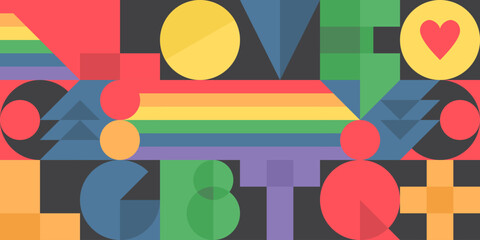 Wektorowe tło społeczności LGBTQ + w prostym stylu bauhaus. Geometryczne elementy. Miesiąc dumy. Koncepcja ruchu praw człowieka. Parada równości. Kolorowy wzór. - obrazy, fototapety, plakaty