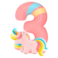 Number with cute unicorn, font in hand-drawn cartoon style. Vector illustration for your design