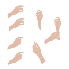 set of hands fair skin nude nails semi flat illustration 