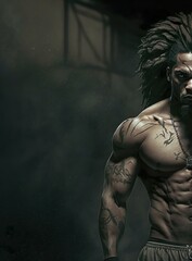Fototapeta na wymiar Black tattoed bodybuilder in an underground gym. Generative Ai