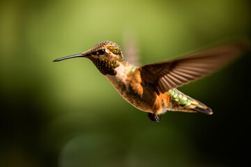 Hummingbird in flight on a green natural background. Generative AI
