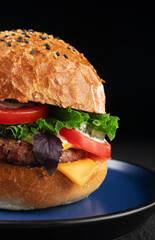 Delicious cheeseburger with lettuce, tomato and cheese on black background.