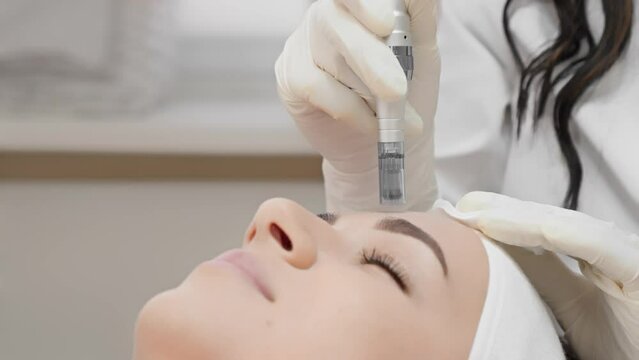 Skin young woman comes to life after fractional mesotherapy, which is performed by qualified cosmetologist in beauty salon. Reliable way to treat and care for your skin in beauty clinic. Face close-up