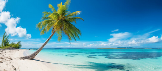 Fototapeta na wymiar Tropical Paradise: Palm Trees, Blue Skies, and Turquoise Seas for Summer Vacation, generative AI