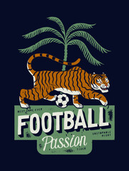 Football tiger under the palm tree vintage typography soccer silkscreen vector illustration.