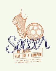 Soccer cleat and a ball vintage typography silkscreen t-shirt print vector illustration.