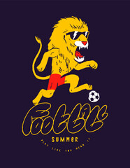 Football lion. Funny lion character running with a soccer ball vintage typography silkscreen t-shirt print vector illustration.