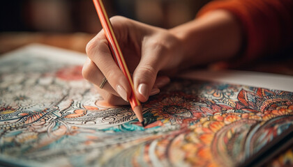 Fototapeta na wymiar Coloring book activity on table with pencils generated by AI