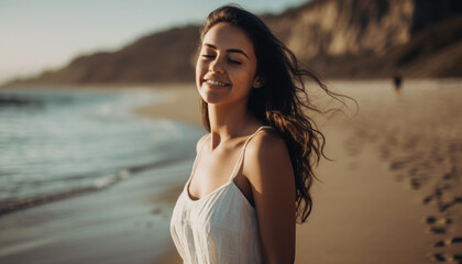 Young woman smiling, enjoying carefree summer vacation generated by AI