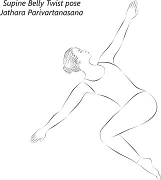 Sketch of young woman practicing yoga, doing Supine Belly Twist or Supine Abdominal Twist pose. Jathara Parivartanasana. Supine and Twist. Vector illustration isolated on transparent background.