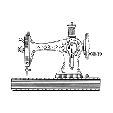 Sewing machine line art. Tailoring, factory, atelier. Vintage sewing tool. Tailor profession. Hand drawn vector doodle illustration.