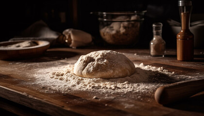 Fototapeta premium Freshly baked homemade bread on rustic table generated by AI