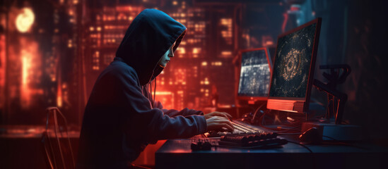 A female hacker in front of a computer screen. Hacking a server. Cybersecurity, Cyber awareness, Cyber training. Generative AI.