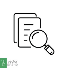 Search document icon. Simple outline style. Research, paper, view, magnify glass, page, find data concept. Thin line symbol. Vector illustration isolated on white background. EPS 10.