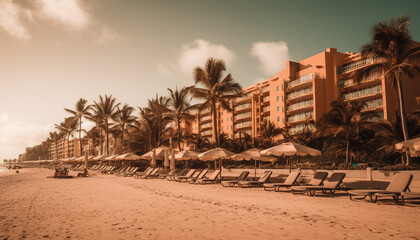 Fototapeta premium Sunset over tropical resort, palm trees sway generated by AI