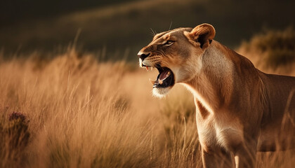 Majestic lioness roaring at sunrise in Africa generated by AI - obrazy, fototapety, plakaty