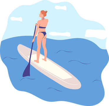 Water sports. Young woman standing on sup board isolated. Surfers and others during windsurfing, kiteboarding.