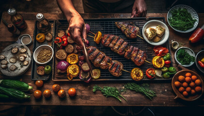 Grilled meat and vegetables on rustic table generated by AI