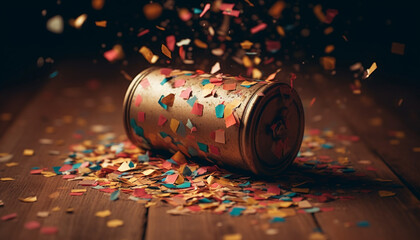Flying confetti, falling joy, glowing gold celebration generated by AI