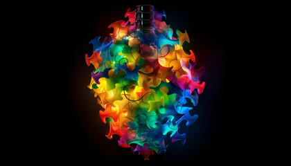 Teamwork success glowing in vibrant jigsaw puzzle generated by AI