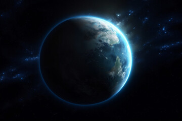 Obraz na płótnie Canvas Blue planet, Earth in cosmic space. Galaxy, cosmos, space background. Generative AI.