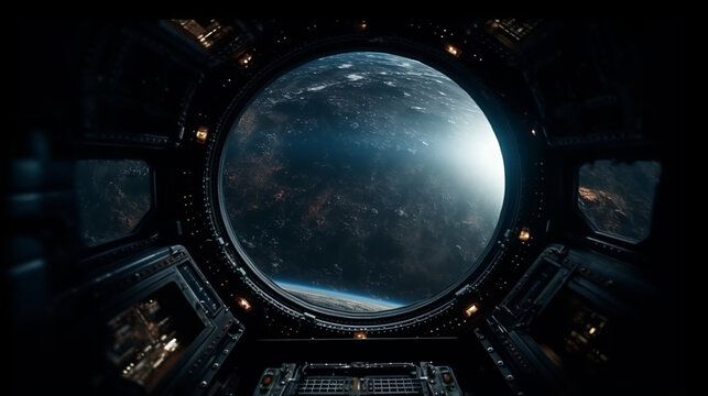 Deep field sky, cosmos, space viewed through the porthole of spaceship. Generative AI.