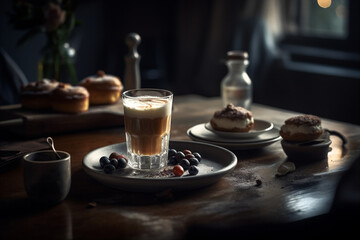 Obraz na płótnie Canvas Magnificent breakfast with espresso and macchiato on bar countertop. Generative AI