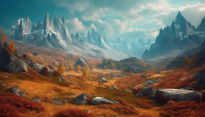 Majestic mountain range, tranquil meadow, hiking adventure generated by AI