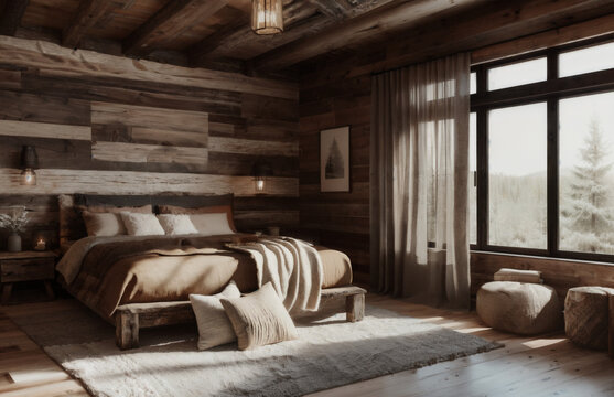 Interior design of a cozy and rustic bedroom having natural materials like wood and stone | Warm, earthy tones to create a cozy, inviting atmosphere | Generative Ai © MuhammadAns
