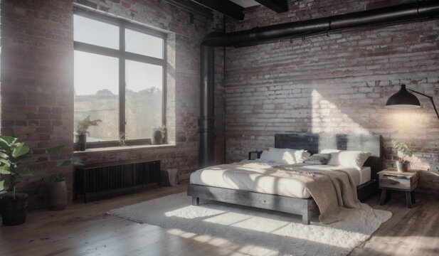 Interior design of a cozy and rustic bedroom having natural materials like wood and stone | Warm, earthy tones to create a cozy, inviting atmosphere | Generative Ai