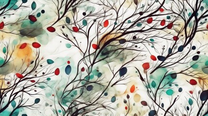 Delicate watercolor pastel dreamlike tree branches, colorful leaf, generative ai, floral composition