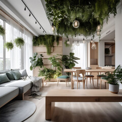 Natural and cozy home living room interior, designed with green plants on the wall and ceiling