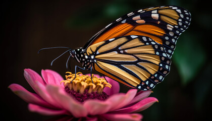 Fototapeta na wymiar Vibrant monarch butterfly pollinates single flower beauty generated by AI