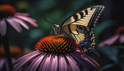 Vibrant butterfly pollinates purple coneflower in summer generated by AI