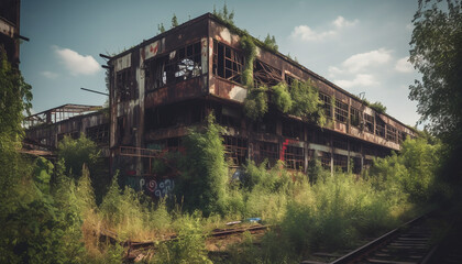 Abandoned old factory, ruined by nature destruction generated by AI