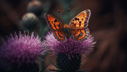 Obraz premium Spotted butterfly feeds on purple thistle flower generated by AI