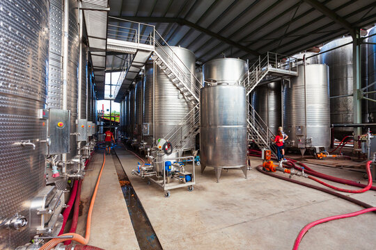 Stainless steel storage tanks with wine