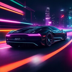 Obraz na płótnie Canvas A high tech ultra modern jet black luxury car speeding through a neon lit highway, Ai Generated