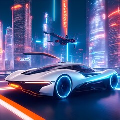 A sleek silver aerodynamic car gliding through a neon lit cityscape Ai Generated