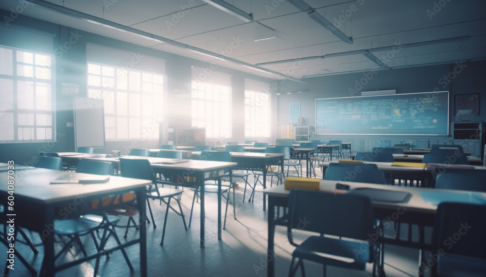 Poster modern classroom with empty chairs and desks generated by ai