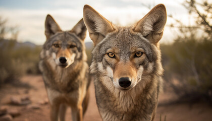Fototapeta premium Gray wolf looking at camera in winter forest generated by AI