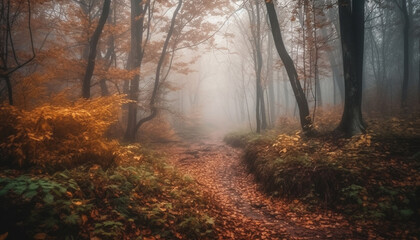 Autumn fog veils mystery on country road generated by AI