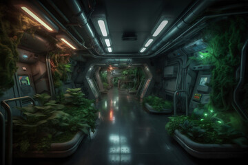 Space cabin full of green plants
