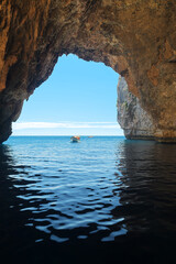 View from a sea cave, the Blue Grotto, a local landmark on the island of Malta