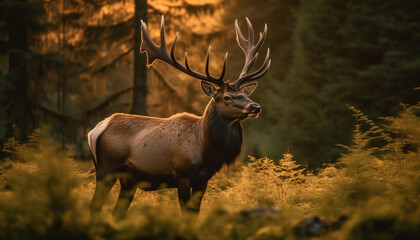 Horned stag grazing in tranquil wilderness meadow generated by AI