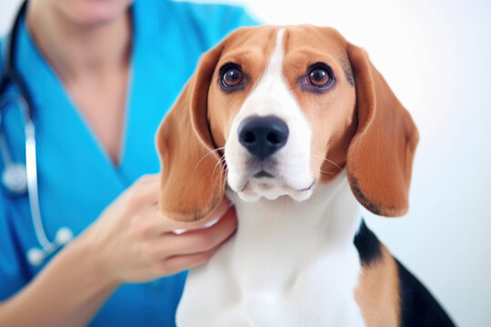 Close up of a beautiful beagle dog at the veterinarian. Sick cute pet sitting at the examination table at the animal clinic	
