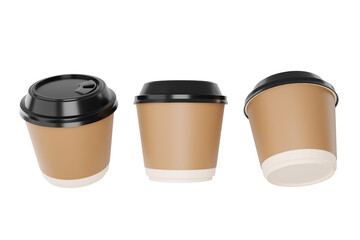 White paper coffee cup or plastic cup three with a blank brown label with black lid realistic mockup coffee or tea mug disposable beverage product 3d render illustration - clipping path