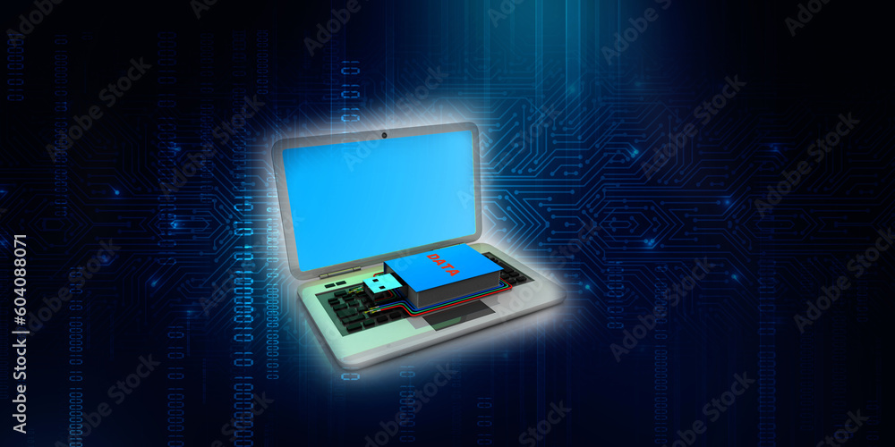 Poster 3d rendering data text word usb flash drive connected laptop